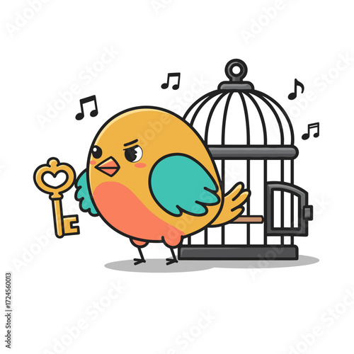 Cute bird with key standing near cage