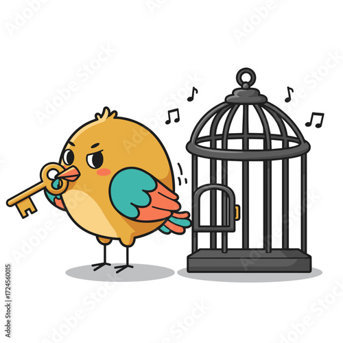 Cartoon bird holding key to unlock cage