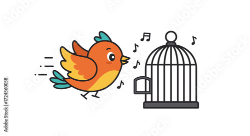 Cute cartoon bird singing outside cage