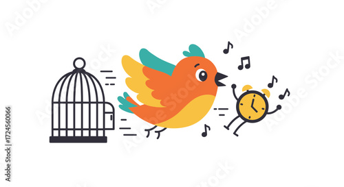 Colorful bird flying with clock near cage