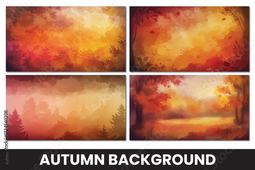 Warm autumn backgrounds with watercolor textures in red, orange, and yellow tones, featuring trees, leaves, and soft gradients that create a cozy seasonal atmosphere.