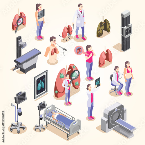 Isometric Detailed Lung Disease Diagnosis and Treatment Medical Illustration