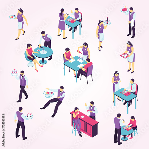 Isometric Waiter and Customer at Restaurant Dining Isometric Illustration Design
