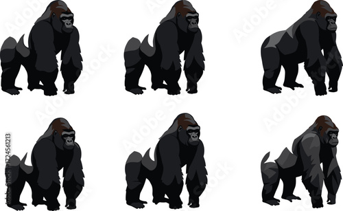 Gorilla illustrations, realistic to polygonal, black and gray shading, upright pose, stylized evolution, vector art, animal design, character set
