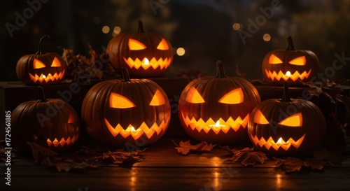 A heap of carved jack-o'-lanterns glowing fiercely in the dark night