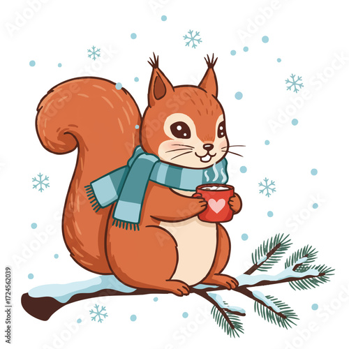 A charming 2D flat vector features a cute squirrel in a cozy winter scarf, happily sipping hot chocolate on a snowy branch with soft falling snowflakes.