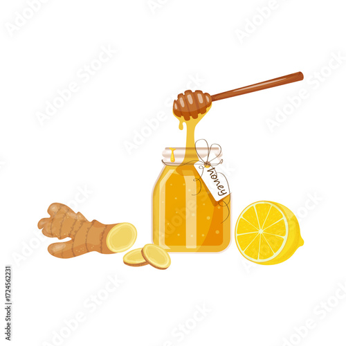 Ginger root, lemon wedge, glass jar of honey. Illustration, cartoon flat icon isolated on white. Hand drawn.