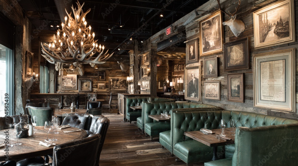 Fototapeta premium Rustic Restaurant Interior with Dark Wood and Antler Chandelier