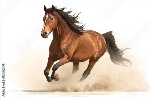 Flat vector illustration of a brown horse with white hooves galloping and kicking up dust, isolated on plain background