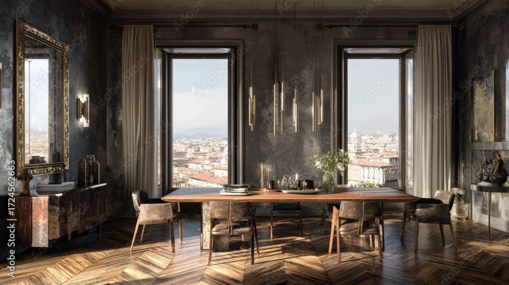 Fototapeta premium Elegant Dining Room in Milan with Stainless Steel Walls and Parquet Floor