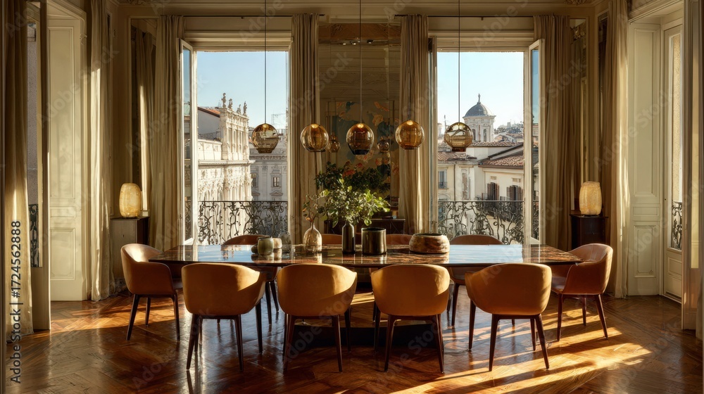 Fototapeta premium Elegant Dining Room in Milan with Stainless Steel Walls and Parquet Floor