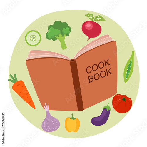Open recipe book with fresh vegetables. Cooking ingredients. Cucumber, broccoli, onion, carrot, tomato, beetroot and yellow pepper. Cooking book.