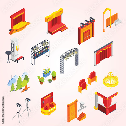 Isometric Detailed Theater Stage Equipment Element Illustration Set Collection