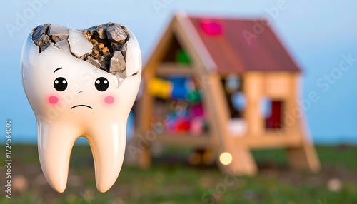 Cartoon tooth with a crack, blurry playhouse background
