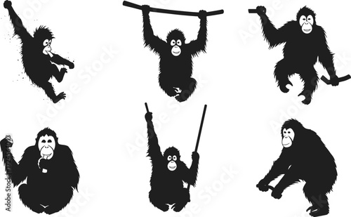 Monkey silhouette illustrations, black vector, dynamic pose, stick gesture, crouching posture, expressive movement, animal design, character set, jungle art