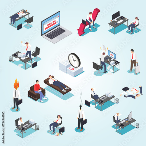 Isometric Overworked Businessman Office Situation with Deadline Pressure Illustration Set