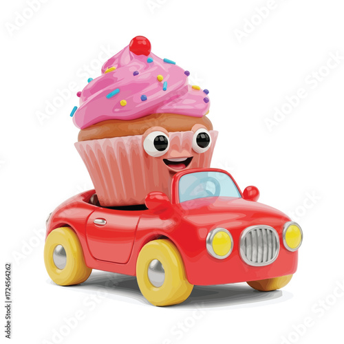 Vector illustration of cupcake character driving a red car
