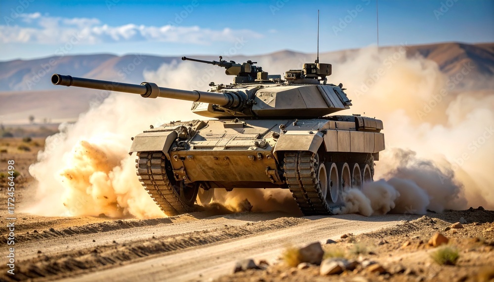 Fototapeta premium Action-Packed Scene of Armored Vehicle Carrier Traversing Rough Ground, Creating Tracks and Dust, Representing Military Maneuver Operations