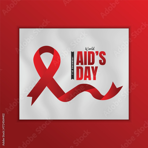 Flat banner of world aids day December 1 with ribbon, world map, and text. United with the Red Ribbon, Global Hope & Compassion.