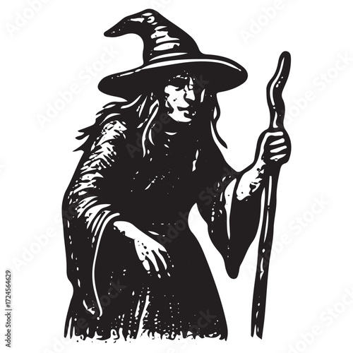Vintage Witch Holding Magic Staff, Occult Ritual Symbol, Gothic Fantasy Engraving Art