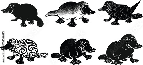 Platypus illustrations, stylized poses, silhouette design, tribal pattern, geometric shapes, cartoon character, shaded texture, vector animal set