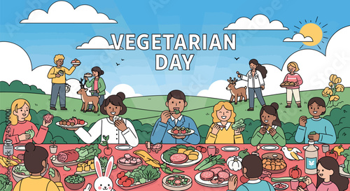 A group of diverse people enjoy a vegetarian feast outdoors, celebrating Vegetarian Day.