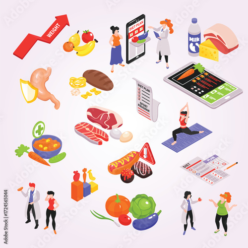 Isometric Health and Diet Plan Elements Illustration with Food and Exercise Items
