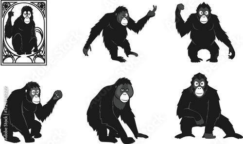 Primate illustrations, dynamic poses, peace sign, crouching gesture, expressive posture, black fur, character design, vector art, animal set