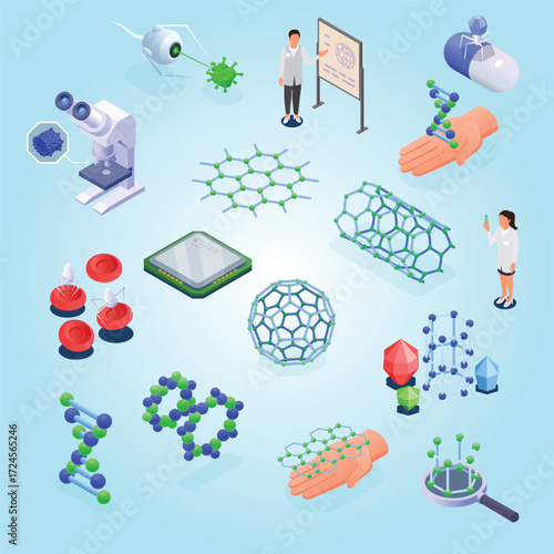 Isometric Detailed Scientific Illustration of Molecule Research and Experiment Elements