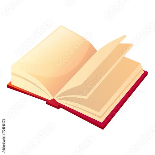 Vector illustration of an open book, top view. Red cover, paper notebook, journal, diary, textbook. Concept for World Book Day, school, university, bookstore, and library.