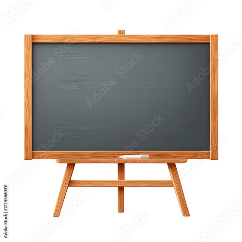 Blank dark slate board on a natural wooden easel stand with a piece of white chalk on the tray, perfect for messages, education, creative presentations, or custom graphics