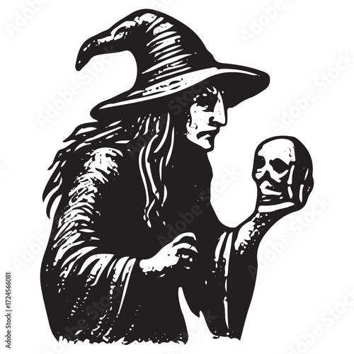 Dark Witch Holding Human Skull, Death Magic Symbol, Halloween Occult Engraving Art