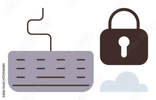Keyboard, black lock, and cloud visualizing cybersecurity, data protection, safe cloud usage, encryption, online security. Ideal for technology, IT digital safeguard smart design simple flat