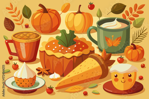 Flat autumn food vector illustration featuring pumpkin pie slices apples coffee and cute desserts