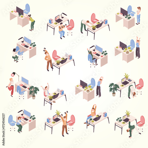 Isometric Office Worker Exercise Activity Workplace Wellness Lifestyle Illustration