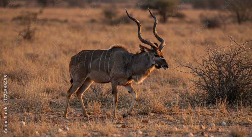 Fototapeta premium Male kudu antelope walking in dry savanna at sunrise