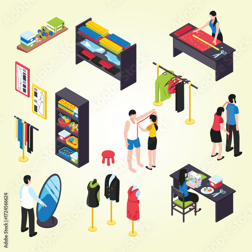 Isometric Creative Sewing Studio Tailoring Process and Fashion Design Illustration