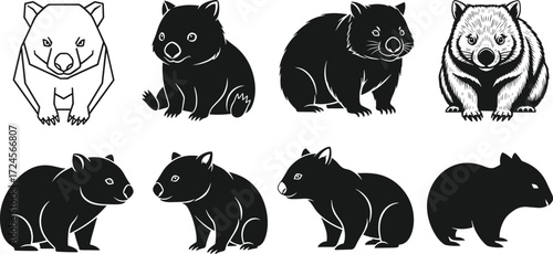 Wombat illustrations, stylized poses, cartoon character, textured shading, simplified design, sitting posture, vector art, animal character set