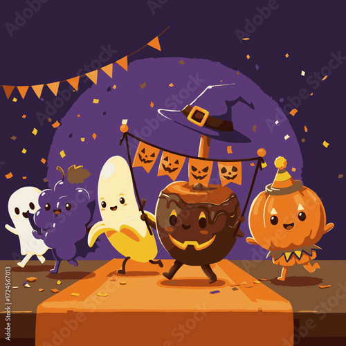 Whimsical cartoon Halloween characters, including a ghost, banana, and pumpkin, joyfully parade on a festive runway, celebrating the spooky season.
