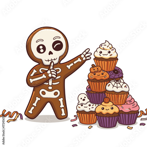 A charming gingerbread skeleton character winks conspiratorially while guarding a delightful pyramid of festive Halloween cupcakes, perfect for a spooky celebration.