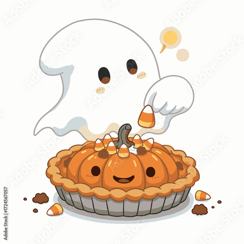 A friendly cartoon ghost carefully places colorful candy corn onto a delightful, smiling pumpkin pie, creating a whimsical and sweet Halloween dessert scene.