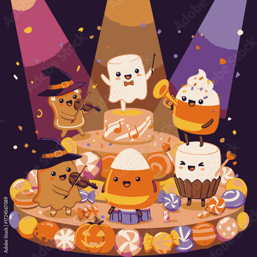An adorable Halloween candy orchestra, featuring a ghost conductor and musical candy corn, performs a joyful concert surrounded by colorful sweets.