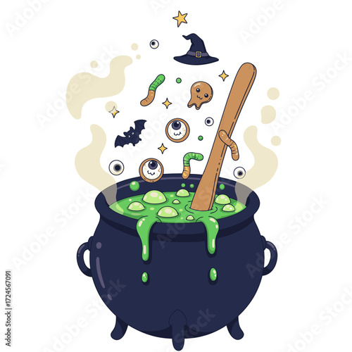 A cartoon witch's cauldron bubbles with a green potion, featuring spooky ingredients like eyeballs, worms, and a bat for a magical Halloween celebration.