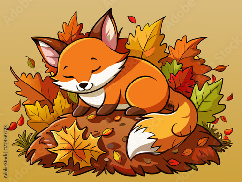 Adorable sleeping fox illustration cozy autumn leaves pile vector graphic scalable eps icon