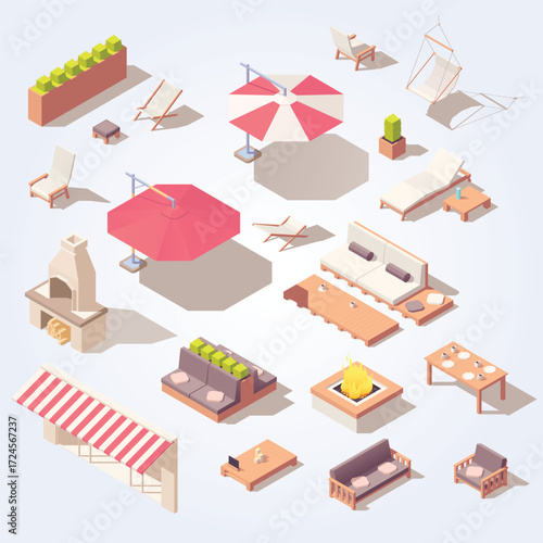 Isometric Low Poly Outdoor Furniture Set Illustration for Microstock Sale