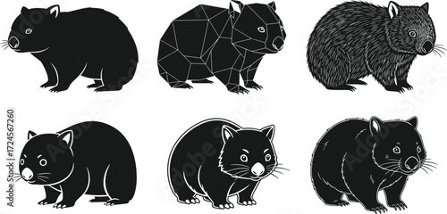 Wombat illustrations, stylized poses, silhouette design, polygonal shapes, cartoon character, comic style, sketch texture, vector animal set