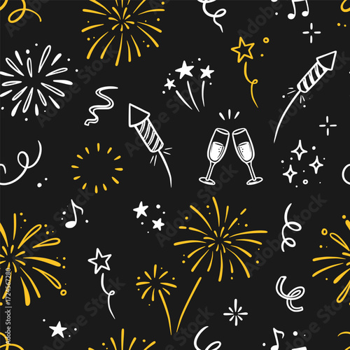 Pattern firework new year. Sparkling firework pattern with gold spark, star, and doodle explosion elements for holiday decoration and new year celebration background. Vector illustration