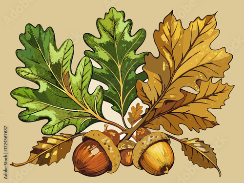 Vintage hand drawn oak leaves and acorns bundle scalable vector illustration for autumn nature designs