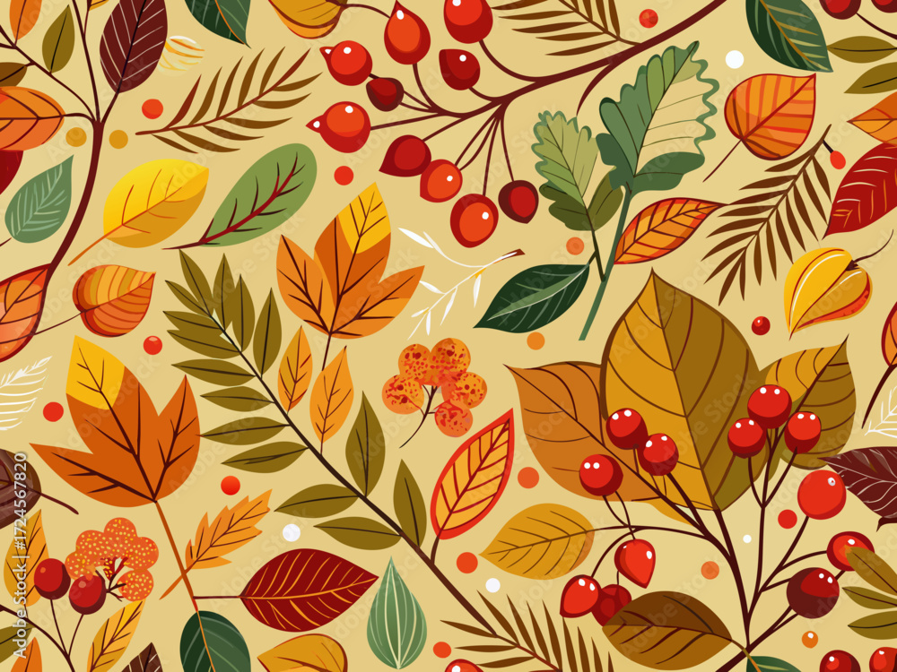 Fototapeta premium Seamless autumn berry and foliage pattern vector illustration scalable graphics for seasonal designs