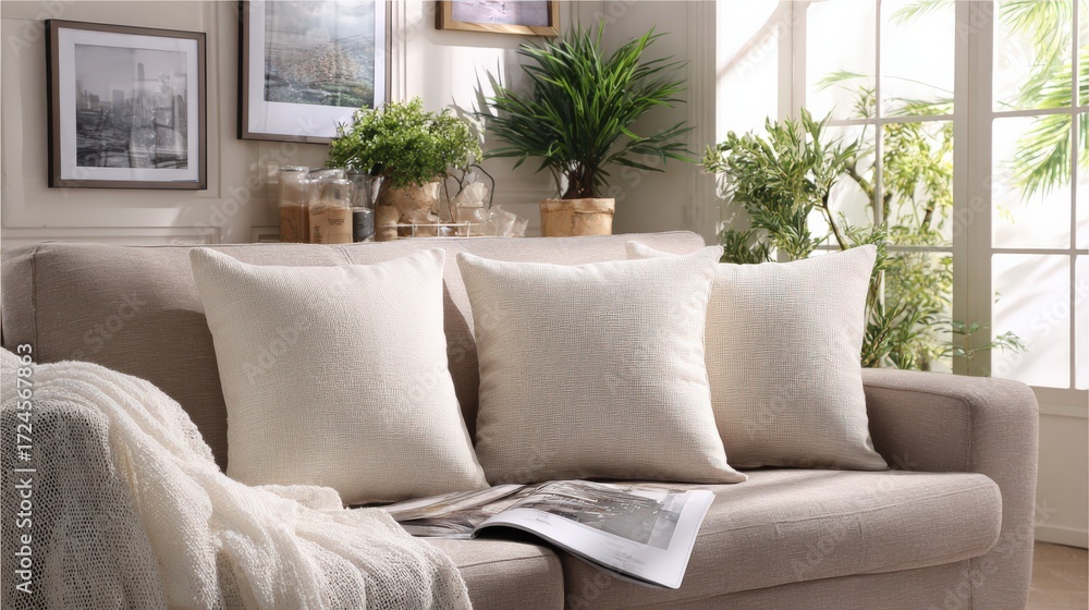Naklejka premium Cream Linen Throw Pillows and Blanket in Elegant Living Room